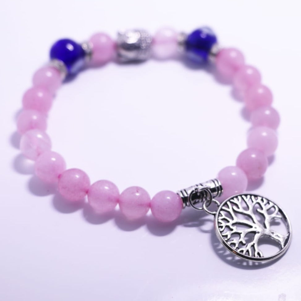 Rose Quartz & Evil Eye Beads with Buddha & Tree of Life Charm - Natural Stone for Love, Emotional Healing, Energy Stone for the heart!