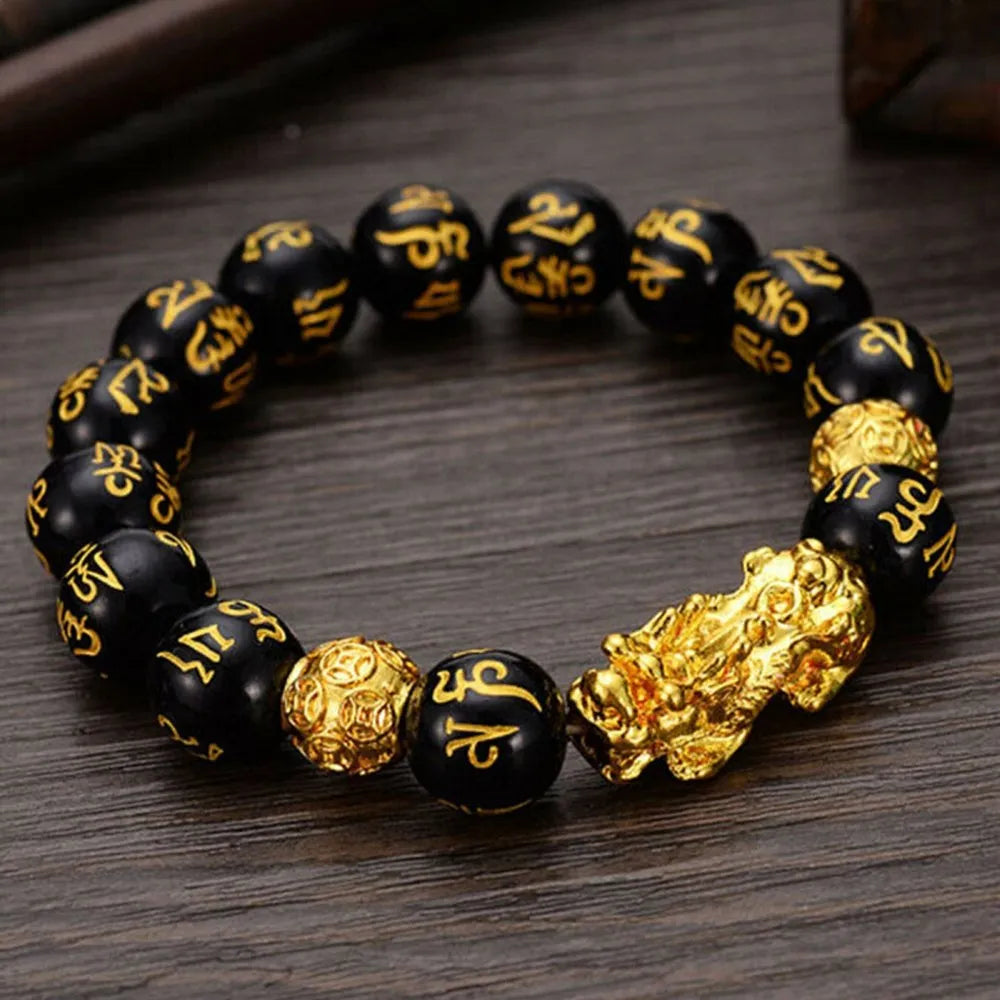 PiXiu Feng Shui Black Obsidian Bracelet With Hand Carved Mantra Unise   Snazzy Jahzzie LLC